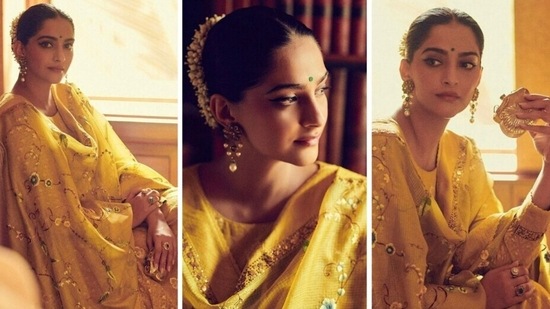 Sonam kapoor in yellow ethnic suit from her indoor photoshoot.