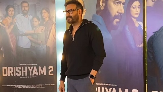 Ajay Devgn attended the success party of Drishyam 2 in the city. He came wearing a black sweatshirt, paired with grey trousers. He happily posed for paparazzi before entering the party venue. (Varinder Chawla)((Varinder Chawla))