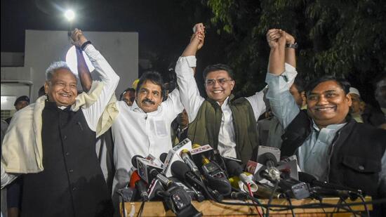 Congress leaders KC Venugopal, Ashok Gehlot, and Sachin Pilot. (PTI)