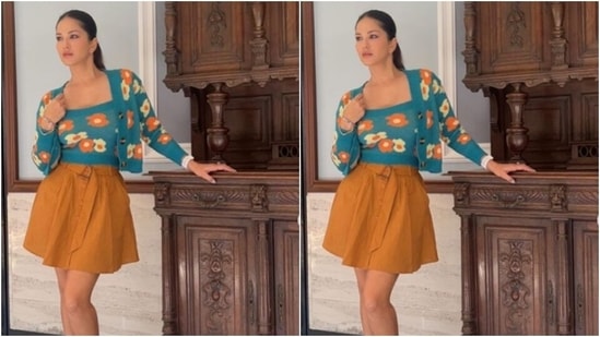 Sunny Leone’s floral prime, quick skirt is ideal for a summer season getaway 6 Sunny teamed her look for the day with an ochre short skirt featuring pleats and buttons in the front.(Instagram/@sunnyleone)