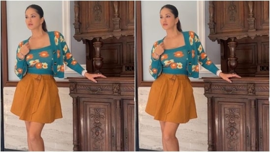 Sunny teamed her look for the day with an ochre short skirt featuring pleats and buttons in the front.(Instagram/@sunnyleone)