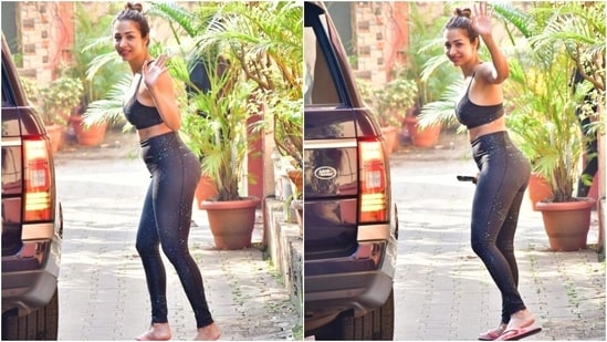 Malaika Arora ticks off weekday workout in black athleisure, waves at camera(HT Photos/Varinder Chawla)