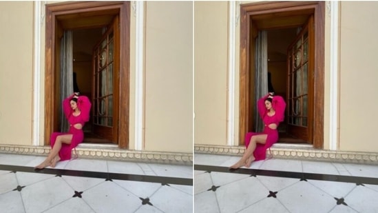 Gabriella played muse to fashion designer house Deme and picked a hot pink gown from the shelves of the designer house.(Instagram/@gabriellademetriades)