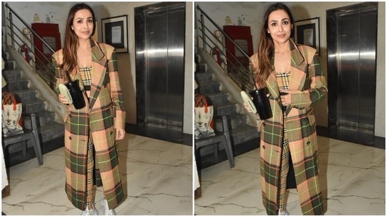Malaika Arora looks stunning in a co-ord check bralette, leggings and long coat. 