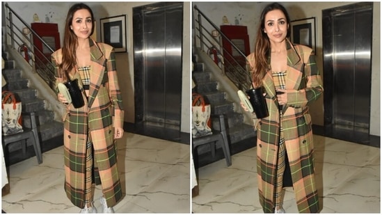 Malaika Arora in co-ord check bralette, leggings and long coat gives a  winter wardrobe fix to look stylish in the cold