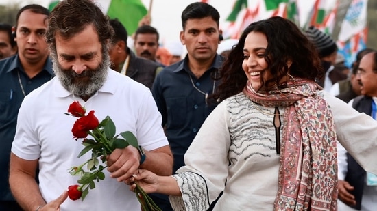 Rahul Gandhi with Swara Bhasker during Bharat Jodo Yatra.