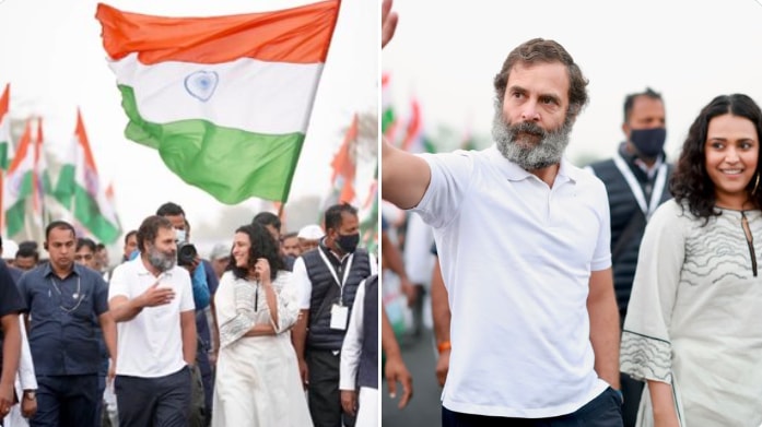 Bharat Jodo Yatra: Rahul Gandhi with Swara Bhasker in Ujjain on Thursday. Bharat Jodo Yatra: Rahul Gandhi with Swara Bhasker in Ujjain on Thursday.