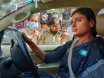 YSR Telangana Party chief YS Sharmila on her way to the residence of Telangana chief minister K Chandrashekar Rao in Hyderabad on Monday, (PTI) YSR Telangana Party chief YS Sharmila on her way to the residence of Telangana chief minister K Chandrashekar Rao in Hyderabad on Monday, (PTI)