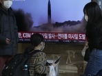 North Korea Missile: A TV screen shows a file image of North Korea's missile launch. North Korea Missile: A TV screen shows a file image of North Korea's missile launch.