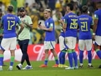 Brazil's Neymar, second left, and his teammates after the World Cup group G soccer match between Cameroon and Brazil, at the Lusail Stadium in Lusail, Qatar(AP) Brazil's Neymar, second left, and his teammates after the World Cup group G soccer match between Cameroon and Brazil, at the Lusail Stadium in Lusail, Qatar(AP)
