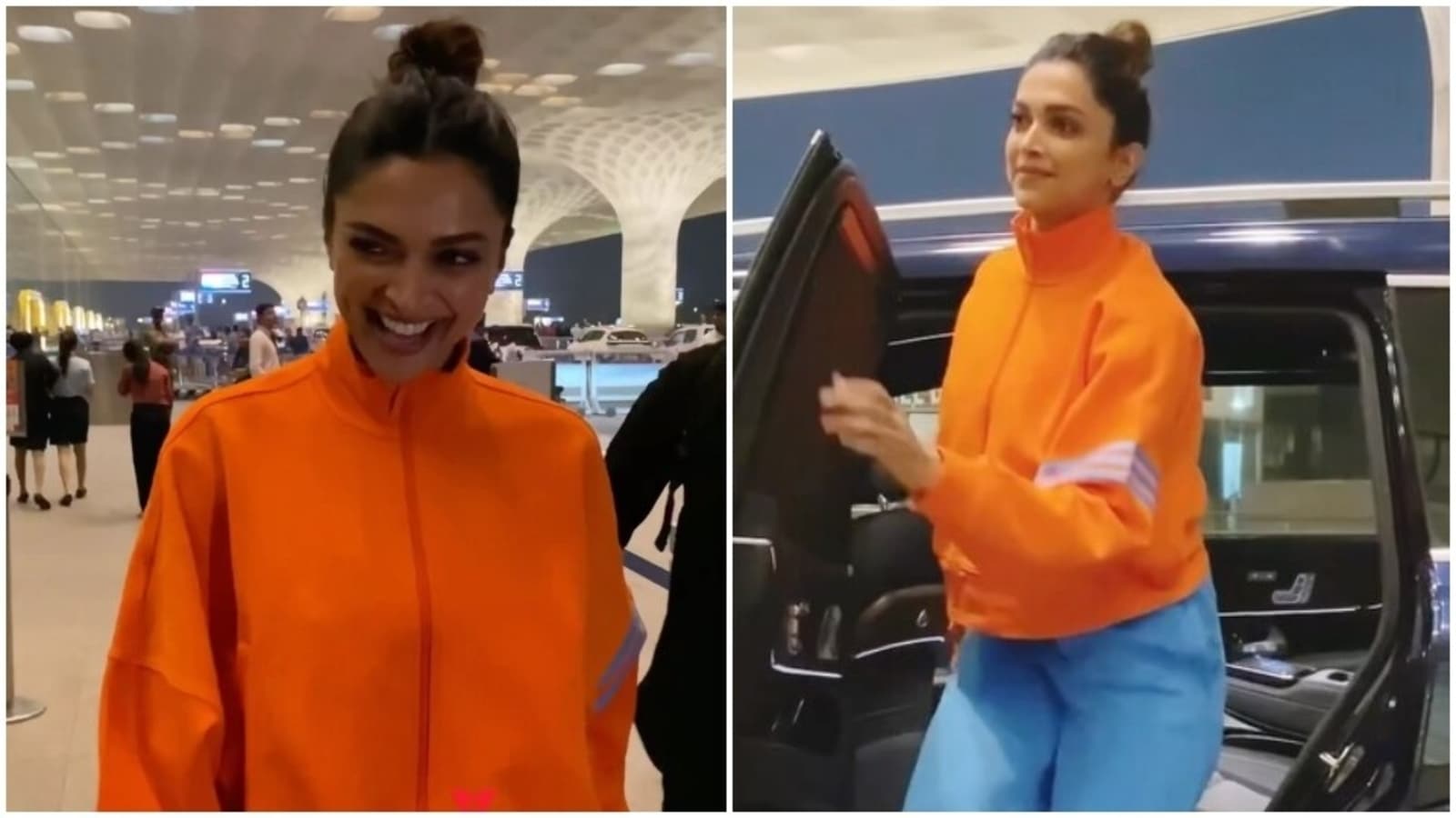 Deepika Padukone rocks colour-block outfit and makeup-free look for airport fashion: Check out videos
