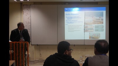 Talk being delivered by Prof David Doermann on the inaugural day of the international meet at IIIT-A on Friday (HT Photo)