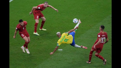 Brazil’s Richarlison, 25, scores his team’s second goal against Serbia, on November 24. (AP) Brazil’s Richarlison, 25, scores his team’s second goal against Serbia, on November 24. (AP)