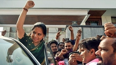 K Kavitha greets the supporters outside her residence in Hyderabad on Thursday. (ANI) K Kavitha greets the supporters outside her residence in Hyderabad on Thursday. (ANI)