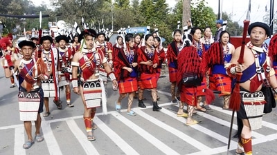 Tribal people dressed up in traditional attires take part in a procession on the first day of the Hornbill Festival, at Kisama Village, on the outskirts of Kohima (ANI Photo/Hafiz Ahmed) Tribal people dressed up in traditional attires take part in a procession on the first day of the Hornbill Festival, at Kisama Village, on the outskirts of Kohima (ANI Photo/Hafiz Ahmed)