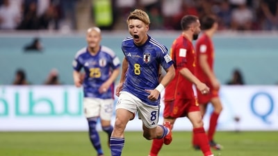 Japan's Ritsu Doan celebrates after scoring a goal during a match against Spain in the FIFA World Cup 2022, at Khalifa International Stadium, in Al Rayyan on Friday. Japan won the match 2-1 (FIFA World Cup Twitter) Japan's Ritsu Doan celebrates after scoring a goal during a match against Spain in the FIFA World Cup 2022, at Khalifa International Stadium, in Al Rayyan on Friday. Japan won the match 2-1 (FIFA World Cup Twitter)
