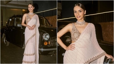 Manushi Chhillar’s white tiered chiffon saree is winning the Internet (Instagram/@manushi_chhillar) Manushi Chhillar’s white tiered chiffon saree is winning the Internet (Instagram/@manushi_chhillar)