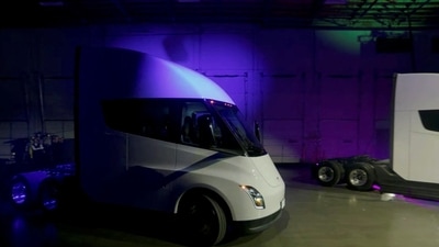 A view of the Tesla Semi electric truck during its live-streamed unveiling in Nevada, U.S. December 1, 2022, in this still image taken from video. Tesla/Handout via REUTERS
