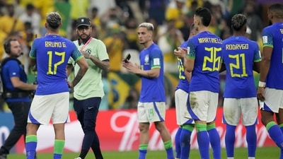 Brazil's Neymar, second left, and his teammates after the World Cup group G soccer match between Cameroon and Brazil, at the Lusail Stadium in Lusail, Qatar (AP) Brazil's Neymar, second left, and his teammates after the World Cup group G soccer match between Cameroon and Brazil, at the Lusail Stadium in Lusail, Qatar (AP)