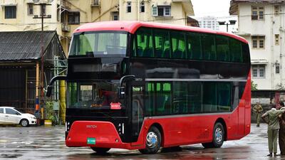 Mumbai, India - August 17, 2022: First electric double decker BEST bus arrives at Colaba Depot, in Mumbai, India, on Wednesday, August 17, 2022. (Photo by Bhushan Koyande/HT Photo) (HT PHOTO) Mumbai, India - August 17, 2022: First electric double decker BEST bus arrives at Colaba Depot, in Mumbai, India, on Wednesday, August 17, 2022. (Photo by Bhushan Koyande/HT Photo) (HT PHOTO)