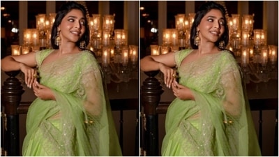 Aishwarya’s saree diaries are loved by her fans. Here's a picture of the actor in a pastel green saree, teamed with a green blouse with silver resham thread details. (Instagram/@aishu__)