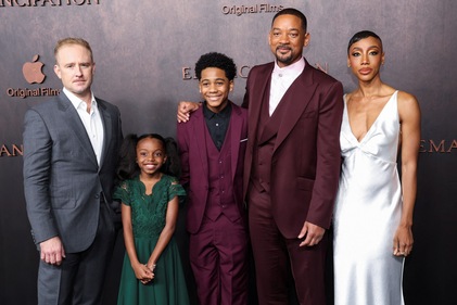 Will Smith with the cast of Emancipation. Will Smith with the cast of Emancipation.