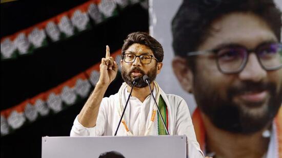 Congress leader Jignesh Mevani speaks during a public meeting ahead of the Gujarat assembly elections, in Ahmedabad. (PTI)