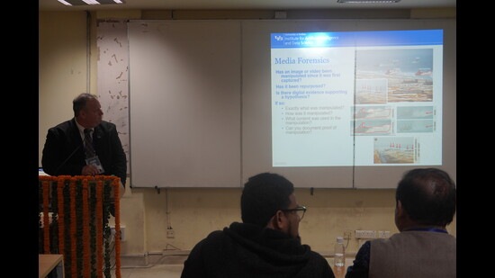 Talk being delivered by Prof David Doermann on the inaugural day of the international meet at IIIT-A on Friday (HT Photo) Talk being delivered by Prof David Doermann on the inaugural day of the international meet at IIIT-A on Friday (HT Photo)