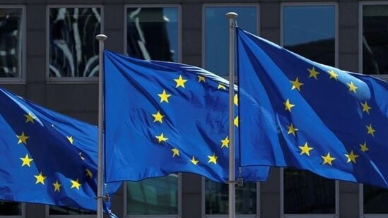 European Union flags outside the European Commission headquarters in Brussels, Belgium.(Reuters)
