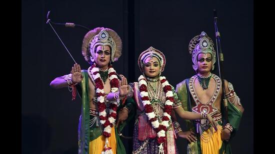 Rama, Sita and Laxmana in the Ramlila at Shriram Bharatiya Kala Kendra, at Shriram Centre, Mandi House, New Delhi on October 16, 2020. (Ajay Aggarwal /HT PHOTO)