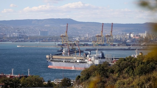 An oil tanker is moored at the Sheskharis complex, in Novorossiysk, Russia, one of the largest facilities for oil and petroleum products in southern Russia. (AP)