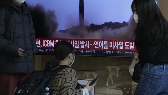 North Korea Missile: A TV screen shows a file image of North Korea's missile launch.(AP) North Korea Missile: A TV screen shows a file image of North Korea's missile launch.(AP)