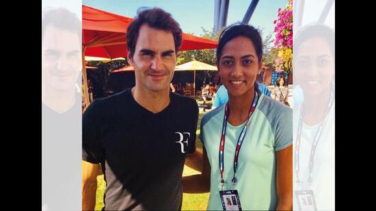 Karman with Roger Federer at her first Junior Grand Slam, at the US Open in 2015 Karman with Roger Federer at her first Junior Grand Slam, at the US Open in 2015