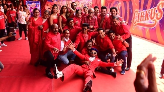 The entire Cirkus team was dressed in read for the film's trailer launch in Mumbai on Friday. They danced and had a blast ahead of the trailer release. (Varinder Chawla)