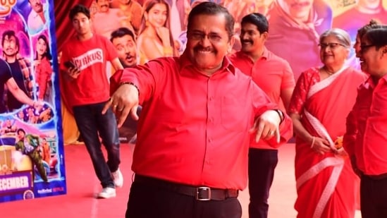 Tiku Talsania shakes a leg too at the Cirkus trailer launch. He too was in red, just like his co-stars. (Varinder Chawla)