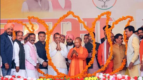 Uttar Pradesh chief minister Yogi Adityanath at a public meeting in Rampur on Friday. (PTI PHOTO)