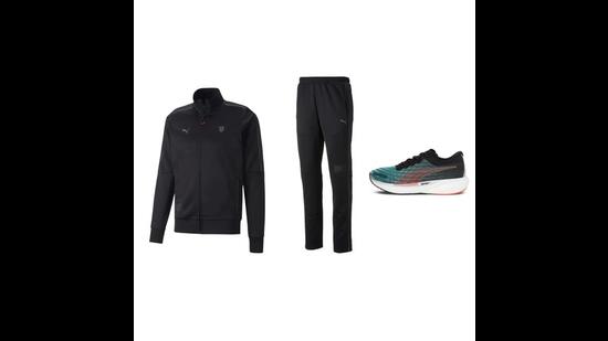 This structured, sleek zipper jacket with side pockets and ribbed ends, lends a sharp, sports look. The moisture wicking pants have a functional fit and the shoes are breathable and give high traction. (Scuderia Ferrari style MT7 track jacket, pants and the desirable Nitro 2 running shoes, all by Puma)