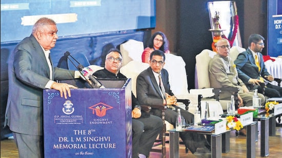 New Delhi, India - Dec. 2, 2022: Vice President Jagdeep Dhankar speaks while Justice D.Y. Chandrachud, Chief Justice, and others on the dais, looks on during the 8th Dr. L M Singhvi Memorial Lecture on the theme “Universal Adult Franchise: Translating India’s Political Transformation into a Social Transformation” at Ambedkar Bhawan in New Delhi, India, on Friday, December 2, 2022. (Photo by Vipin Kumar/ Hindustan Times) (Hindustan Times)