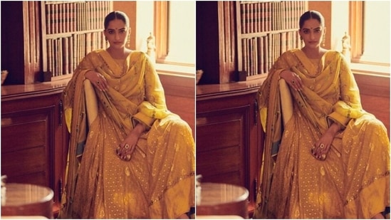 In a mini golden clutch from the house of JADE and statement golden earrings and finger ring from the shelves of Amrapali Jewels, Sonam further accessorised her look for the day.(Instagram/@sonamkapoor)