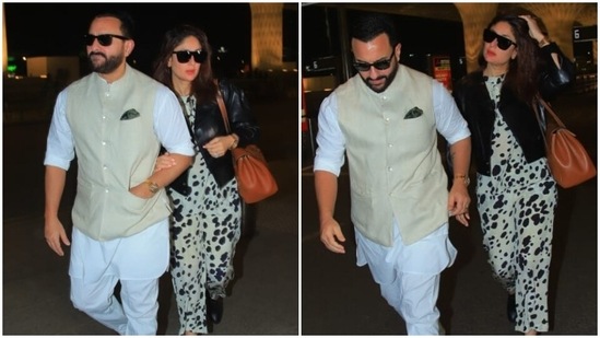 Kareena Kapoor Khan stuns in a black and white co-ord airport look with Saif Ali Khan. (HT Photo/Varinder Chawla)