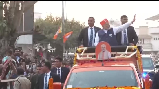 Prime Minister Narendra Modi holds a three-hour mega roadshow in Ahmedabad. (ANI)