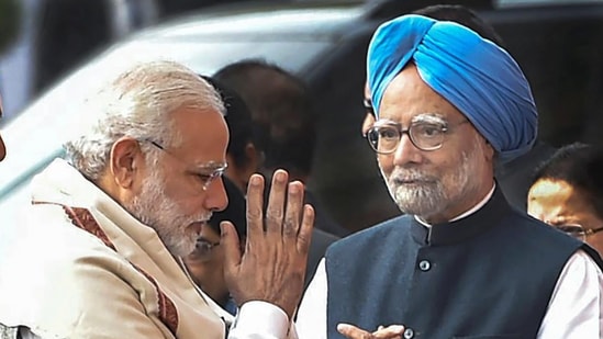 Prime Minister Narendra Modi with former PM Manmohan Singh. Prime Minister Narendra Modi with former PM Manmohan Singh.