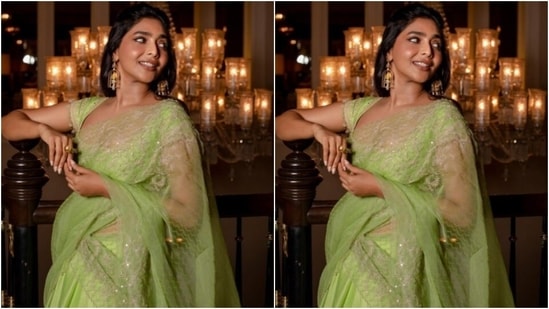 Aishwarya’s saree diaries are loved by her fans. Here's a picture of the actor in a pastel green saree, teamed with a green blouse with silver resham thread details.(Instagram/@aishu__)