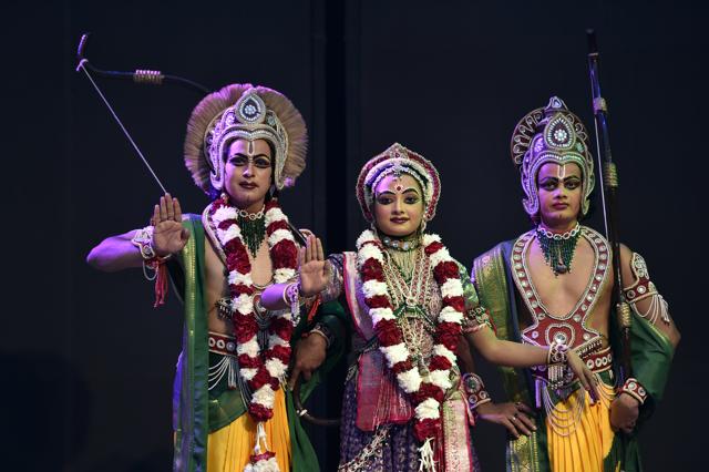 Rama, Sita and Laxmana in the Ramlila at Shriram Bharatiya Kala Kendra, at Shriram Centre, Mandi House, New Delhi on October 16, 2020. (Ajay Aggarwal /HT PHOTO) Rama, Sita and Laxmana in the Ramlila at Shriram Bharatiya Kala Kendra, at Shriram Centre, Mandi House, New Delhi on October 16, 2020. (Ajay Aggarwal /HT PHOTO)
