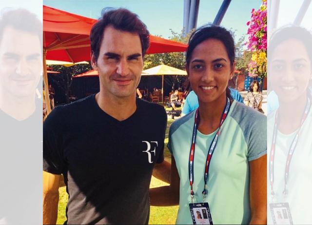 Karman with Roger Federer at her first Junior Grand Slam, at the US Open in 2015 Karman with Roger Federer at her first Junior Grand Slam, at the US Open in 2015