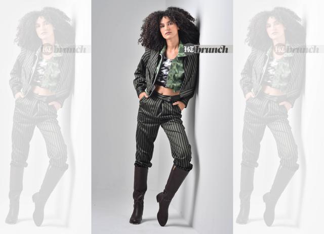 Bengal stripe business suits look great with a black or whitesports bra or turtleneck crop top; Pants and outer jacket by Mellow Drama; Bralette by Kappa; Micro jacket by All To Defy Boots by Rosso Brunello (Raj K Raj) Bengal stripe business suits look great with a black or whitesports bra or turtleneck crop top; Pants and outer jacket by Mellow Drama; Bralette by Kappa; Micro jacket by All To Defy Boots by Rosso Brunello (Raj K Raj)