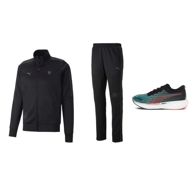 This structured, sleek zipper jacket with side pockets and ribbed ends, lends a sharp, sports look. The moisture wicking pants have a functional fit and the shoes are breathable and give high traction. (Scuderia Ferrari style MT7 track jacket, pants and the desirable Nitro 2 running shoes, all by Puma) This structured, sleek zipper jacket with side pockets and ribbed ends, lends a sharp, sports look. The moisture wicking pants have a functional fit and the shoes are breathable and give high traction. (Scuderia Ferrari style MT7 track jacket, pants and the desirable Nitro 2 running shoes, all by Puma)