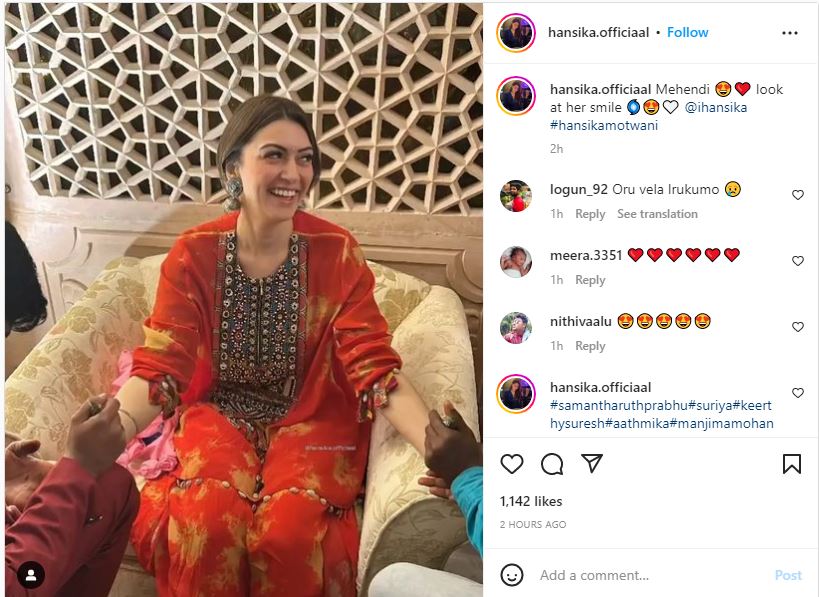 Hansika laughed as she looked sideways at someone in a picture shared by a fan account on Instagram.