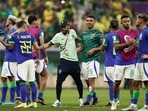 Brazil's Neymar with Casemiro and teammates after the match 