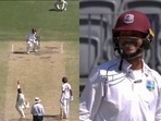 Chanderpaul almost lost his balance trying to duck under the bouncer Chanderpaul almost lost his balance trying to duck under the bouncer
